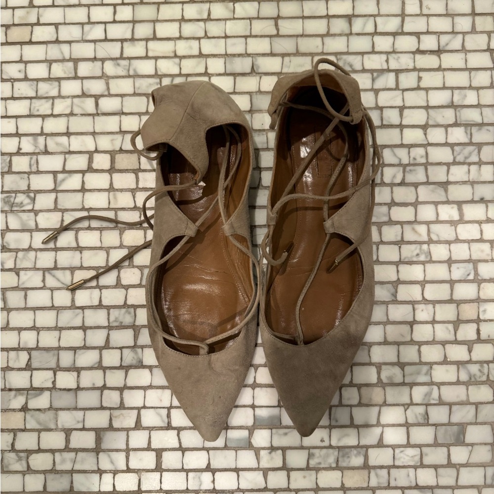 Aquazzura Taupe Suede Pointed Lace-Up Flats
